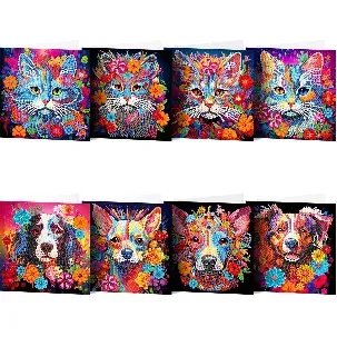 Afbeelding van Adorzy Diamond Painting Kaarten Katten En Honden – 8 Wenskaarten met envelop - Diamond Painting Volwassenen – Diamond Painting Volledig Pakket