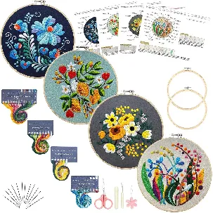 Afbeelding van BOTC Borduurpakket Bloemen - Borduurset van 4 - Borduurpakketten voor Volwassenen - Hobby en Creatief - Borduren