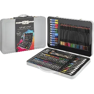 Afbeelding van Nassau Fine Art Tekendoos en Schilderset in Metalen Opbergkoffer | 90-delig | Aquarelverf - Acrylverf - Penselen - Oliepastels - Professionele Kleurpotloden - Puntenslijper - Gum | Tekenkoffer voor kinderen en volwassenen