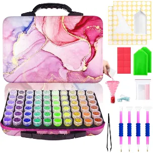 Afbeelding van BOTC Diamond Painting Opbergdoos - 60 Potjes - Incl. Toolkit - Sorteerkoffer - Roze - Marmer