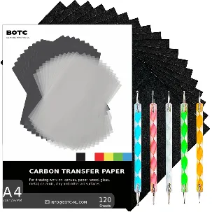 Afbeelding van BOTC A4 Carbonpapier - 120 stuks - met 5 Overtrekpennen - Zwart - Overtrekpapier voor Hobby en Tekenen / op hout