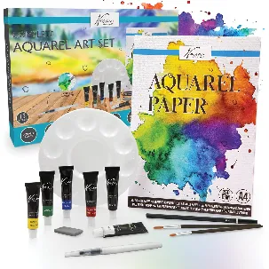 Afbeelding van Nassau Fine Art Aquarelverf Set Compleet - 13-Delig - Aquarelpapier Blok A4 - Aquarelverf Tubes - Aquarel Penselen - Hobbyverf - HB Potlood - Waterbrush - Schilderpalet