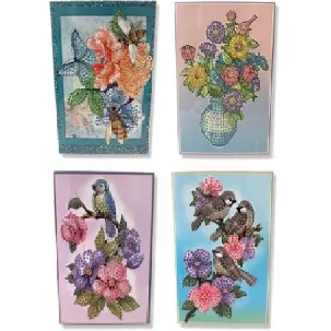 Afbeelding van Cards & Crafts - Diamond Painting kaarten - Wenskaarten Set van 4 bloemenkaarten - Hobbypakket - volledig Diamond painting pakket