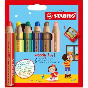 Afbeelding van STABILO Woody 3 in 1 - Multi Talent Kleurpotlood - Etui Met 6 Kleuren + puntenslijper