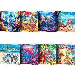 Afbeelding van Adorzy Diamond Painting Kaarten Vakantie & Onderwater – 8 Wenskaarten met envelop - Diamond Painting Volwassenen – Diamond Painting Volledig Pakket