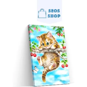 Afbeelding van SEOS Shop ® Diamond Painting Volwassenen - Diamond Painting Kinderen - Diamond Painting Pakket Volledig - Kitten hangend aan een tak - Diamond Paintings - 25x30 cm - Volledig - Vierkant - SEOS Shop ®