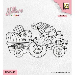 Afbeelding van NCCS043 - Nellie Snellen Nellie's Cuties Clearstamp Easter Gnom on Tractor - stempel Pasen - dwerg op trekker - eieren